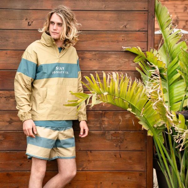 Ocher Teal Blue Anorak Giacca a Vento Ocra Azzurro Swim Boxer Medium Khaki Stripes Costume da Bagno Medio Strisce Kaki